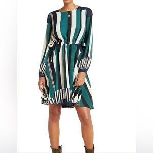 Anthropologie Sunday in Brooklyn Green Black White Striped Long Sleeve Dress M